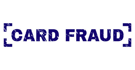 CARD FRAUD text seal watermark with corroded texture. Text tag is placed between corners. Blue vector rubber print of CARD FRAUD with dirty texture.