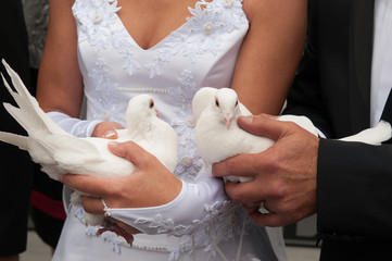 wedding couple releasing wedding white doves