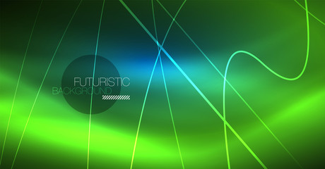 Neon glowing magic background, neon banner, night sky wallpaper. Magic light effect. Christmas abstract pattern.