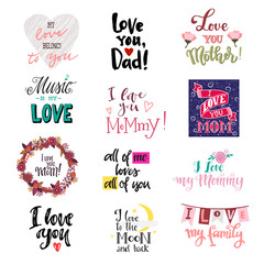 Love lettring vector lovely calligraphy lovable sign to mom dad iloveyou on Valentines day beloved card illustration set of family love decor typography isolated on white background