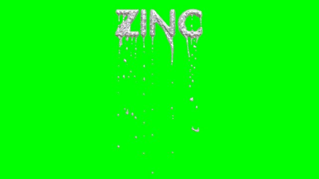 Animated dripping a lot of silver paint or melted zinc or liquid metal from all caps text Zinc. Liquid is dripping from three dimensional letters against green background.