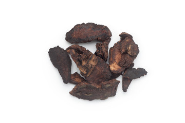 Sliced ​​of Rehmannia Glutinosa Root (Sheng Di Huang), Isolated on white background. Chinese herbal medicine.