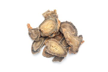 Sliced ​​of Pseudo-ginseng on white background. Chinese herbal medicine.