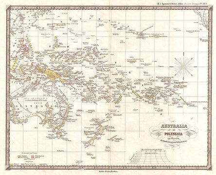 1855, Spruner Map Of Australia And Polynesia With An Overview Of Discoveries And Colonization