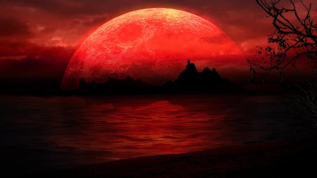 Beach Island Silhouette in Red Large Moon 4K Loop features a silhouette of a beach and island out in an animated ocean and a large full moon and moving clouds in a red warm atmosphere