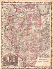 1862, Johnson Map of Illinois