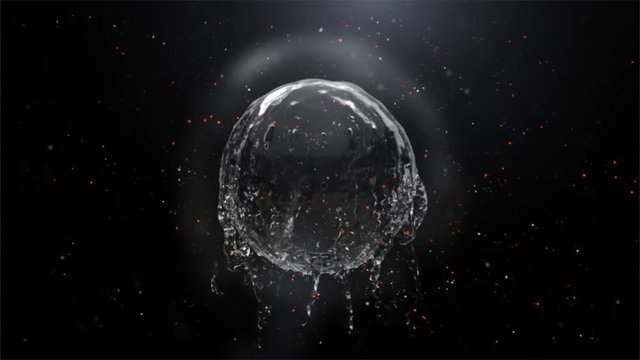 Liquid Plasma Sphere in Space 4K Loop features clear liquid falling from the top of the screen and forming a sphere at center screen and then falling out of view leaving particle ball in its wake