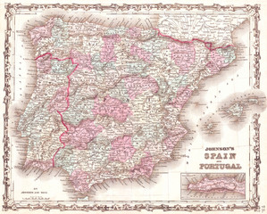 1862, Johnson Map of Spain and Portugal