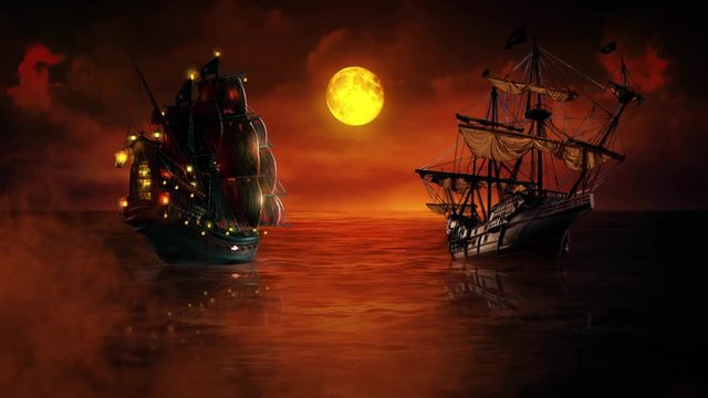 Two Ships that Pass in the Night features to ghostly pirate ships on the water with a full moon and firing guns at each other