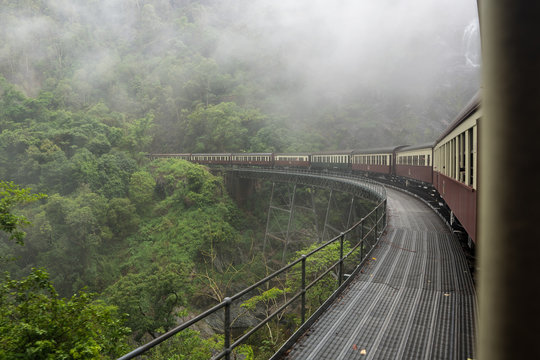 Kuranda train going over a bridge in the rainforest near Cairns, Australia