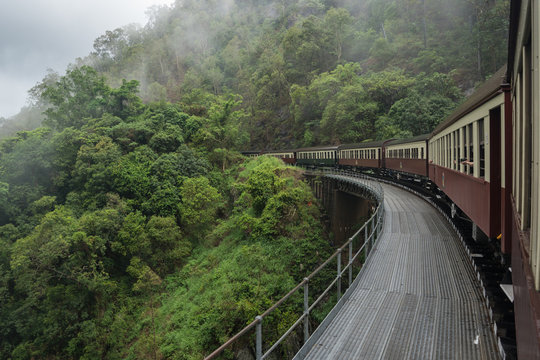 Kuranda train going over a bridge in the rainforest near Cairns, Australia
