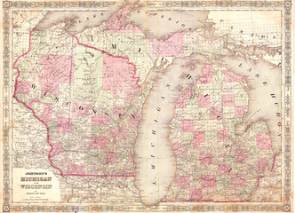 1863, Johnson Map of Michigan and Wisconsin