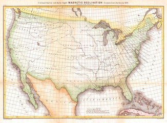 1870, U.S. Coast Survey Map Showing Magnetic Declination in the United States