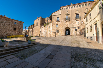 Fototapeta premium The Streets of the old monumental city of Plasencia, and historic and amazing spanish town with good representation of gothic and roman architecture. It stone floors move you to another historical age