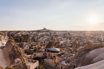 Panoramic photo of Goreme village at sunset, Turkey