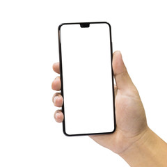 Man holding a black mobile phone with blank screen isolated on a white background.