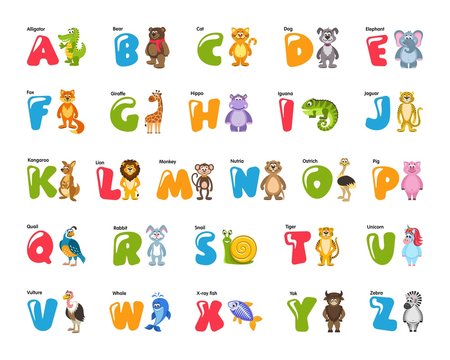 Zoo alphabet for kids with funny animals, birds, fish. Colorful elephant, lion, zebra, iguana, giraffe, hippopotamus, tiger, monkey, kangaroo, snail, rabbit, pig, cat, dog, ostrich, bear and others.