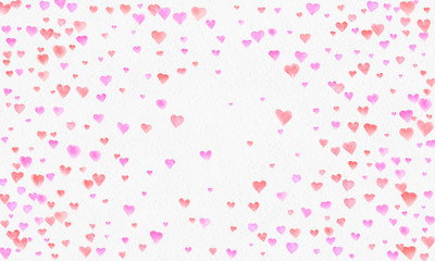 Heart shapes watercolor background. Romantic Confetti splash. Background with Heart Confetti. Falling red and pink paper hearts. Greeting wedding card. February 14. illustration.

