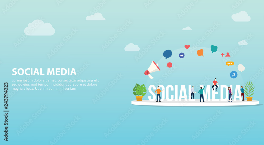Poster social media concept with team people working together with big text with modern style and icon for 
