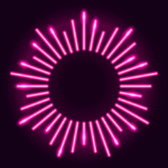 Neon sunburst design element on dark purple background. Vintage frame of radial glowing rays. Vector 10 EPS illustration.