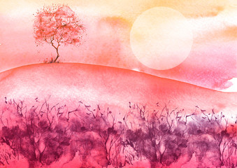 Watercolor vintage bush, a tree in pink, lilac, red color. On the Sunset. Abstract spots, shore, sky, watercolor landscape. Countryside landscape with a pink tree on a hill,wild grass, thickets.