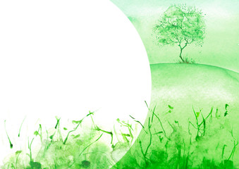 Watercolor summer landscape. Green tree, bush on a bright grass. Beautiful art illustration. A tree on a hill, a slope, a country landscape, thickets. Abstract logo, splash of green paint