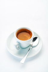 cup of espresso on the white background, top view