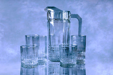 Set of glassware. Decanter and glasses. Jug.