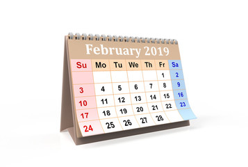 February month 2019 year calendar on a white background. 3d illustration 