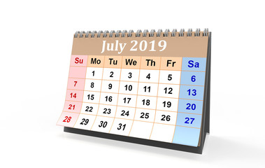 July month 2019 year calendar on a white background. 3d illustration 