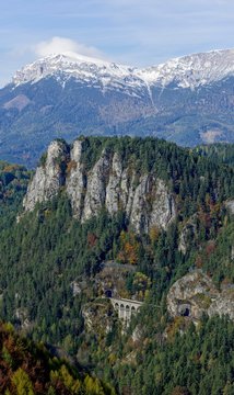 Krauselklauseviadukt with Pollereswand and Raxeres massif with Heukuppe, Wolfsbergkogel, Semmering, Lower Austria, Austria, Europe