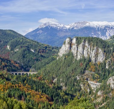 20 Schilling view with Kalte Rinne viaduct Pollereswand Krauselklauseviadukt Rax massif with Heukuppe, Semmeringbahn, vantage point 20 Schilling view, Lower Austria, Austria, Europe