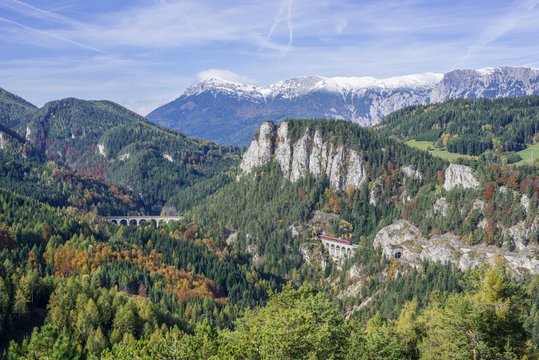 20 Schilling view with Kalte Rinne viaduct Pollereswand Krauselklauseviadukt Rax massif with Heukuppe, Semmeringbahn, vantage point 20 Schilling view, Lower Austria, Austria, Europe