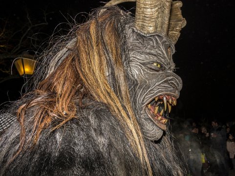 Krampus with the Lichtenworther Klachlteufel at the Advent Market, Hernstein, Lower Austria, Austria, Europe