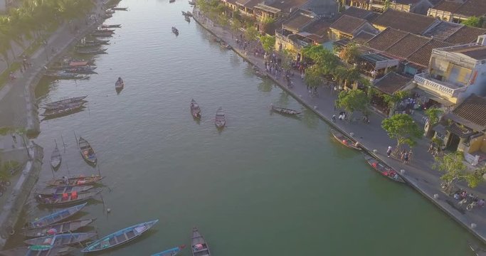 Aerial view of Hoi An old town or Hoian ancient town. Royalty high-quality free stock video footage of Hoi An old town. Hoi An is UNESCO world heritage, one of the most popular destinations in Vietnam