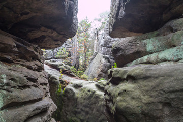 Sandstone Errant Rocks labyrinth in the Table Mountain in National Park in Poland