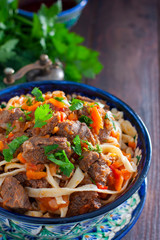 Laghman with beef and vegetables, selective focus