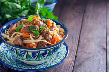 Traditional Uzbek Lagman with beef and vegetables, horizontal, copy space