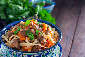Traditional Uzbek Lagman with beef and vegetables, horizontal, copy space