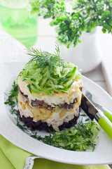 Chicken and prune salad garnished with cucumber and greens, selective focus