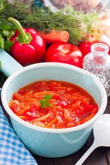 Letcho with tomatoes, peppers and carrots, selective focus