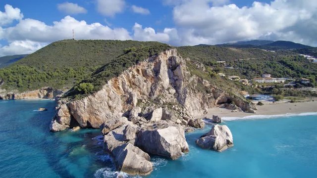 Aerial drone view of the beautiful Ionian island of Lefkas in Greece