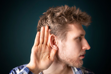 close up photo of person have ear hearing problems isolated  b