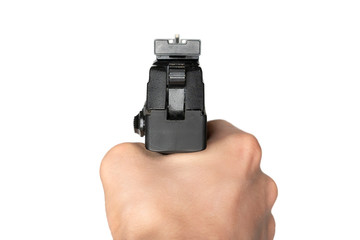 black pistol handgun in man hand isolated b