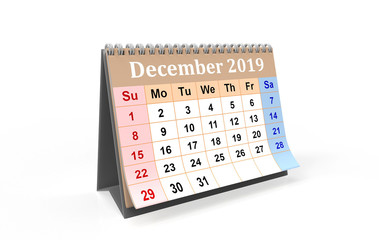 November month 2019 year calendar on a white background. 3d illustration 