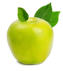 Green Apple with leaves isolated on white