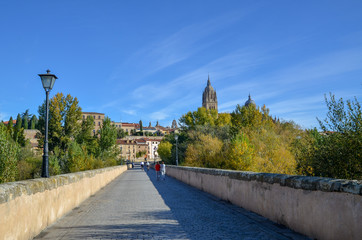 秋のローマ橋とサラマンカ大聖堂（スペイン・サラマンカ）