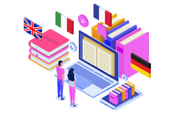 Language school, online learning. translator isometric vector illustration. Use for web pages, hero images, infographics.