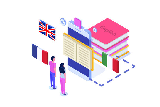 Language school, online learning. translator isometric vector illustration. Use for web pages, hero images, infographics.