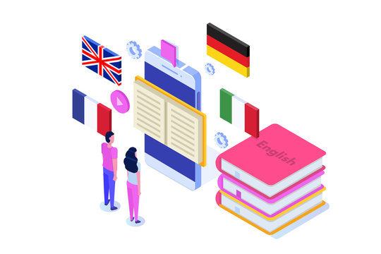 Language school, online learning. translator isometric vector illustration. Use for web pages, hero images, infographics.